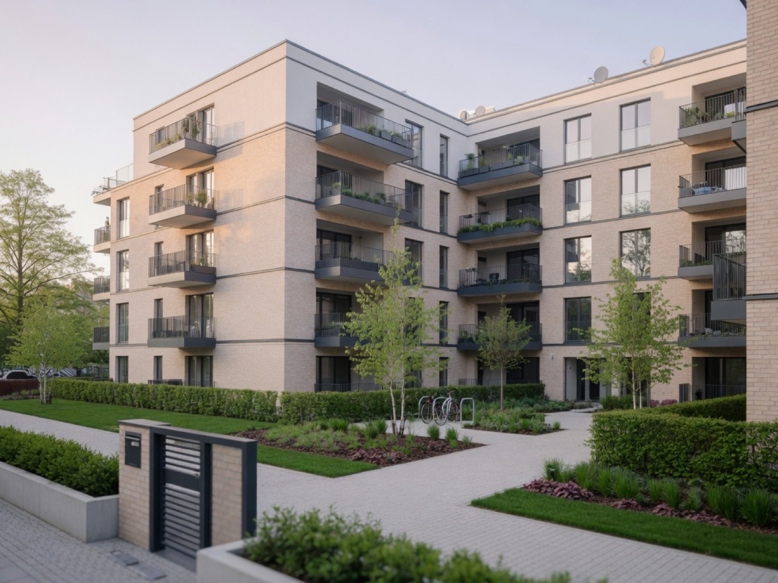 Completed mid-rise residential courtyard with brick and light façades, landscaping and balconies. The finished product investors and buyers see.