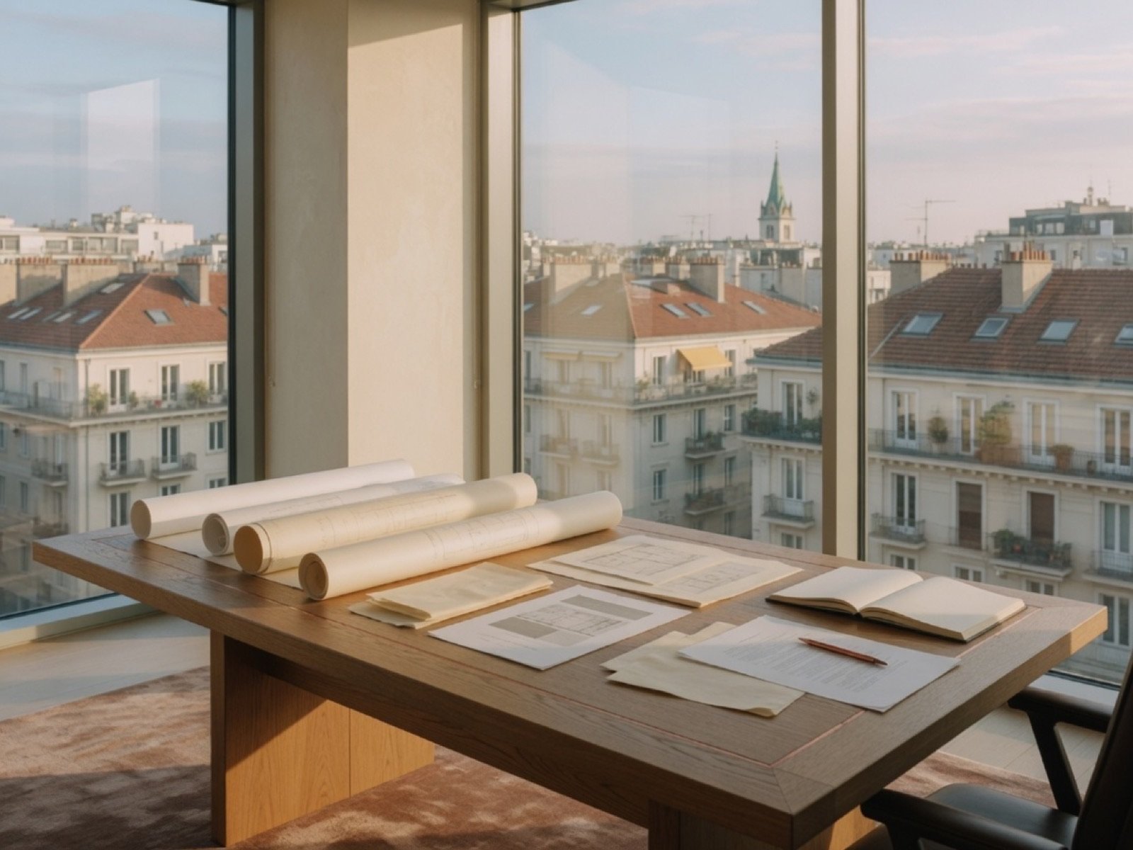 Quiet advisory table with drawings overlooking a European residential cityscape. Structured sparring before capital lock-in.
