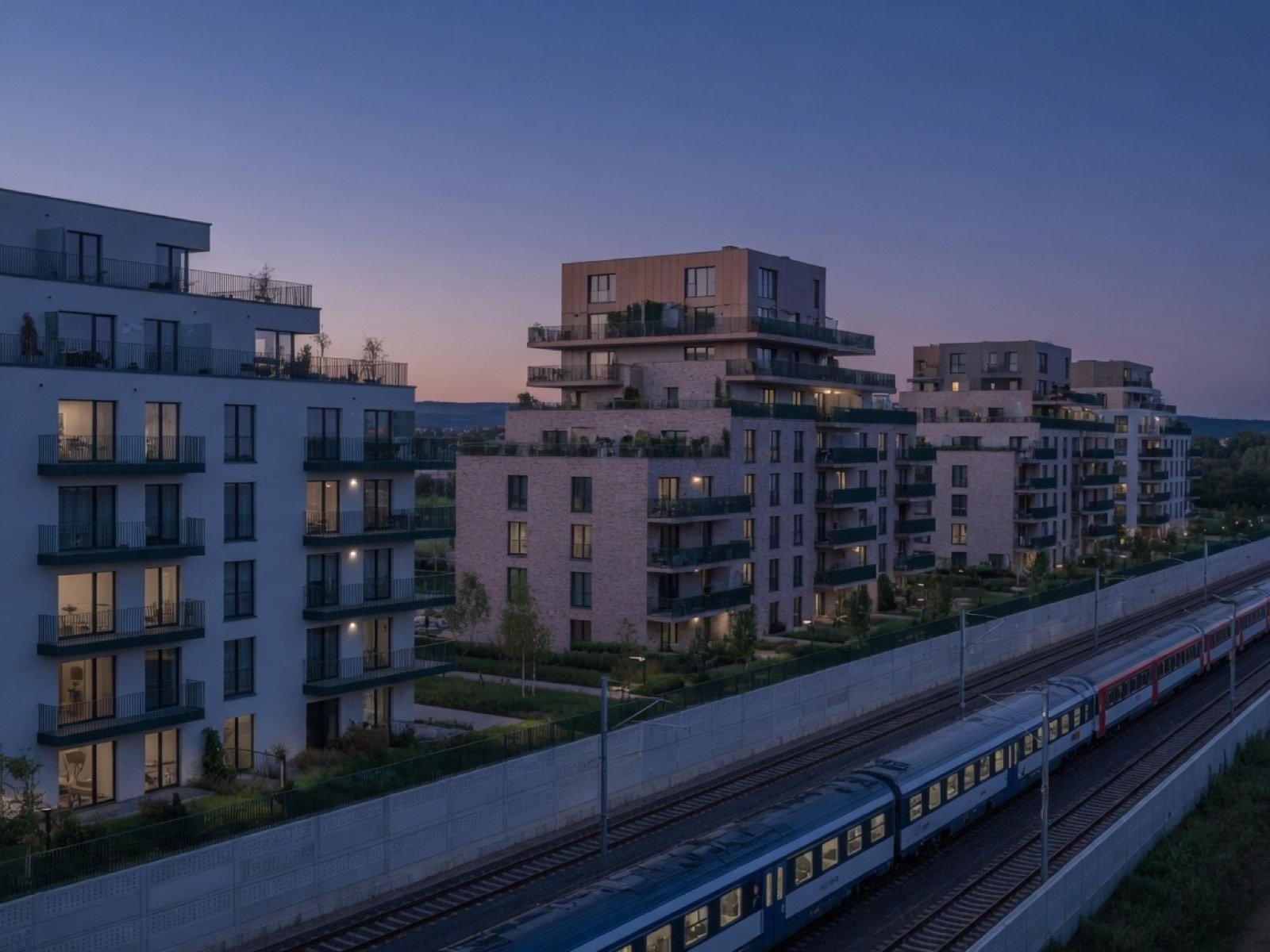 Modern residential blocks beside a European rail corridor at dusk. Multi-market connectivity without improvised travel.