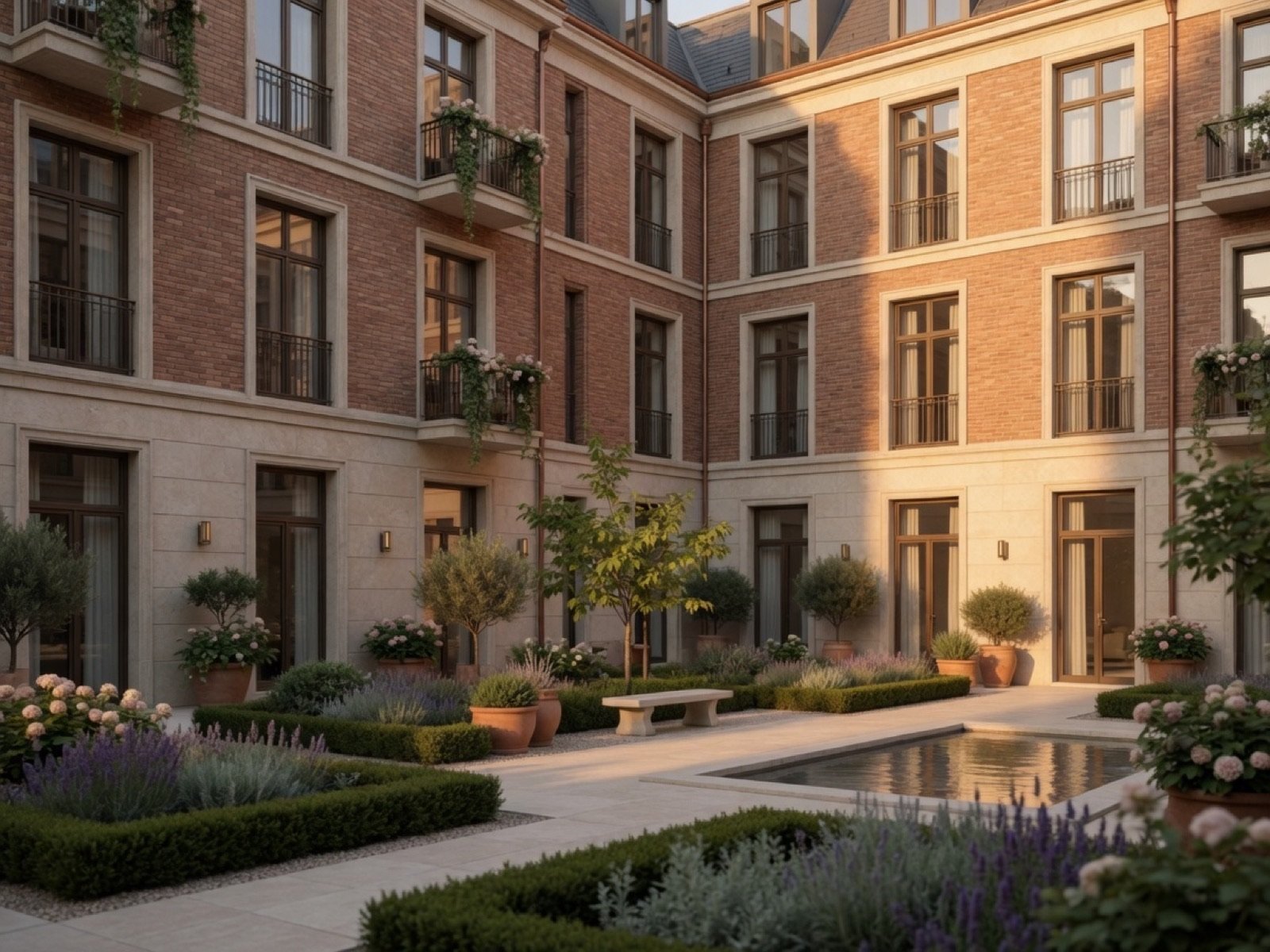 Finished residential courtyard with brick and stone façades and landscaping. The product surface of development.