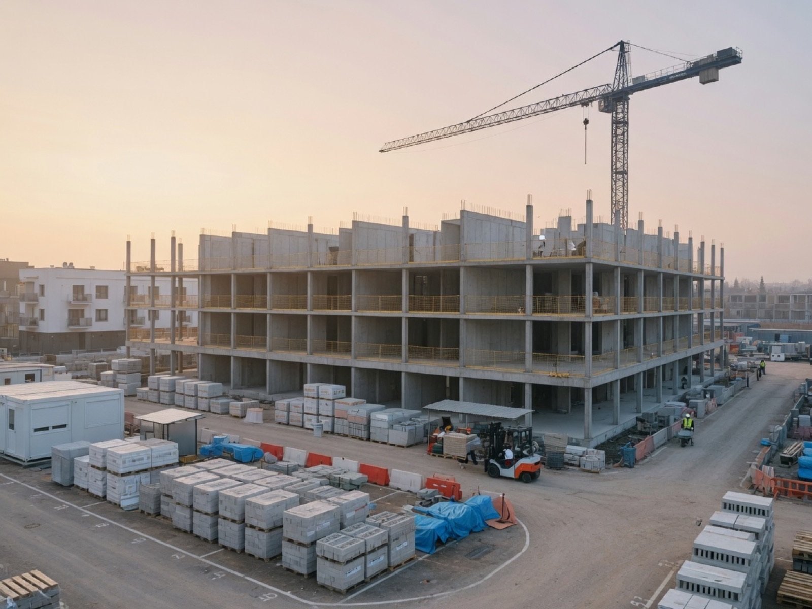 Organised residential construction site with structure, materials and crane. Programme control in delivery.