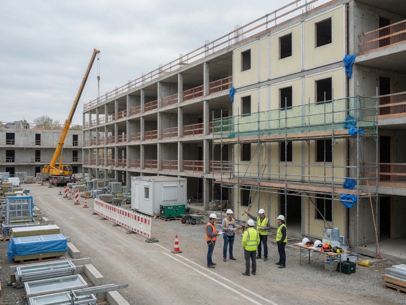 Organised residential construction site with structural frame, scaffolding and site leadership reviewing plans. Programme control under the finish.