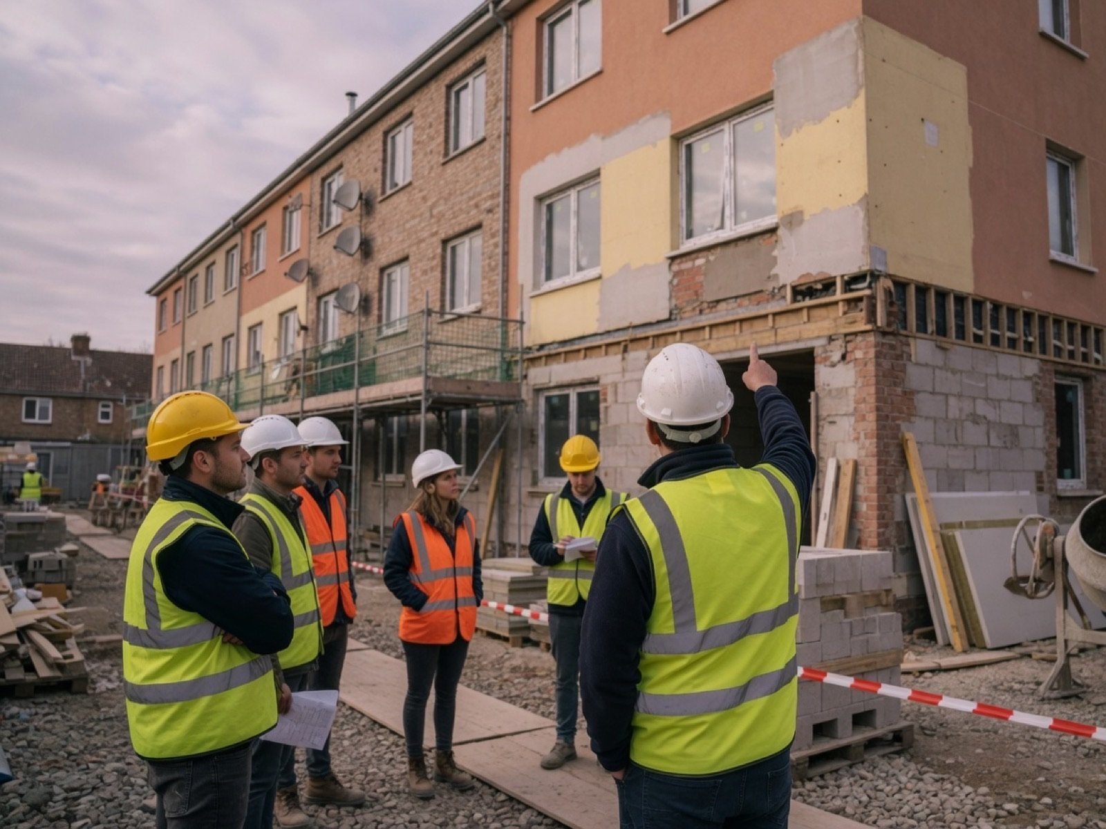 Site leadership briefing a crew on a residential façade package. Foremen as quality infrastructure.